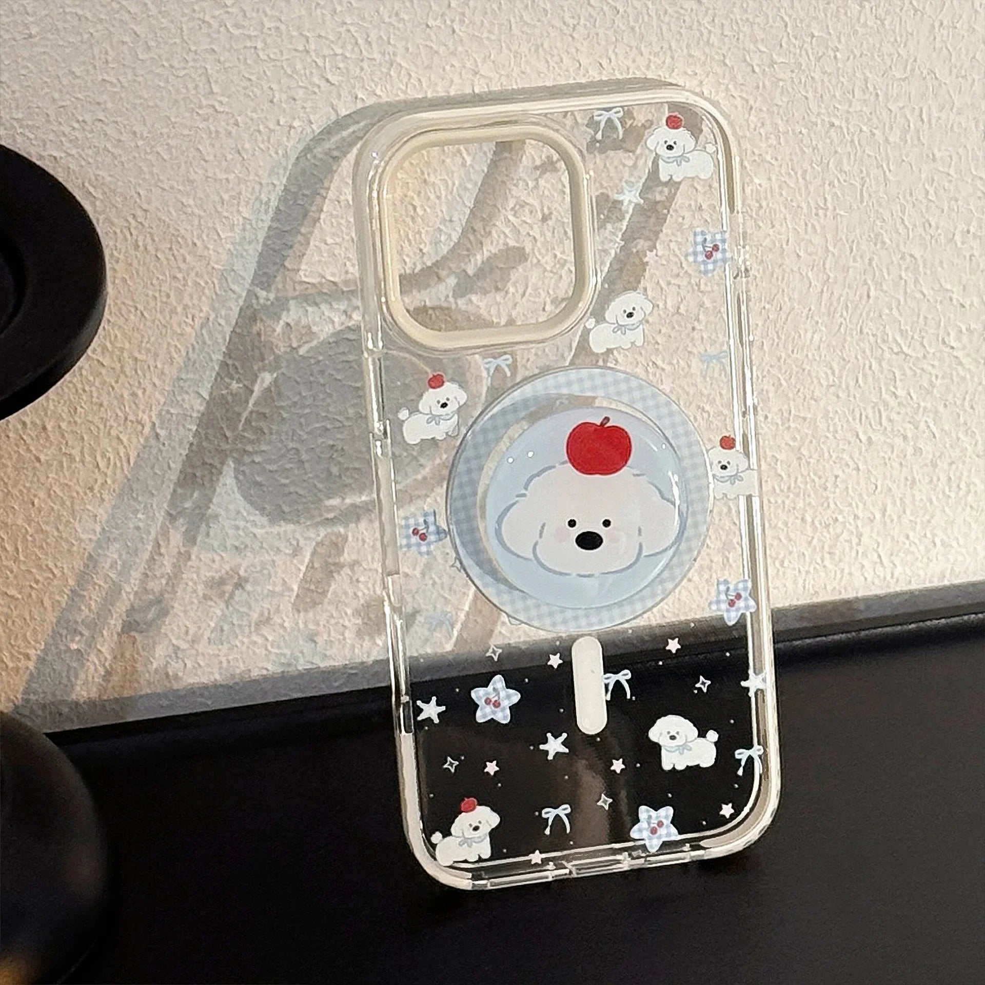 Korean Cute Cartoon Lattice Puppy Bracket Magnetic Phone Case For iPhone