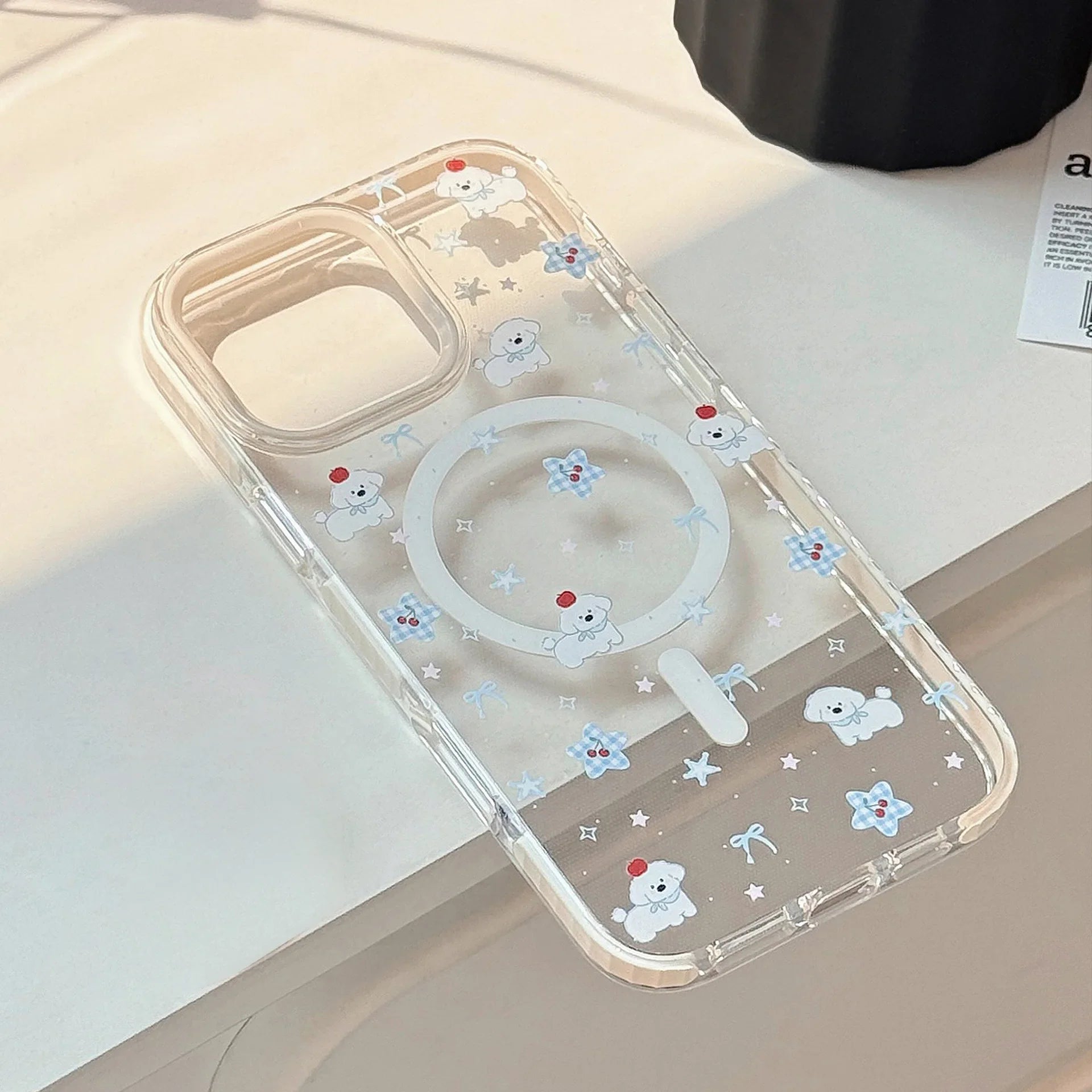 Korean Cute Cartoon Lattice Puppy Bracket Magnetic Phone Case For iPhone