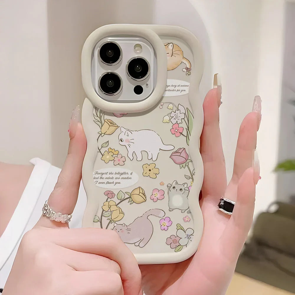 Soft Flower Cute Cat Shockproof Curly Wave Cover Phone Case