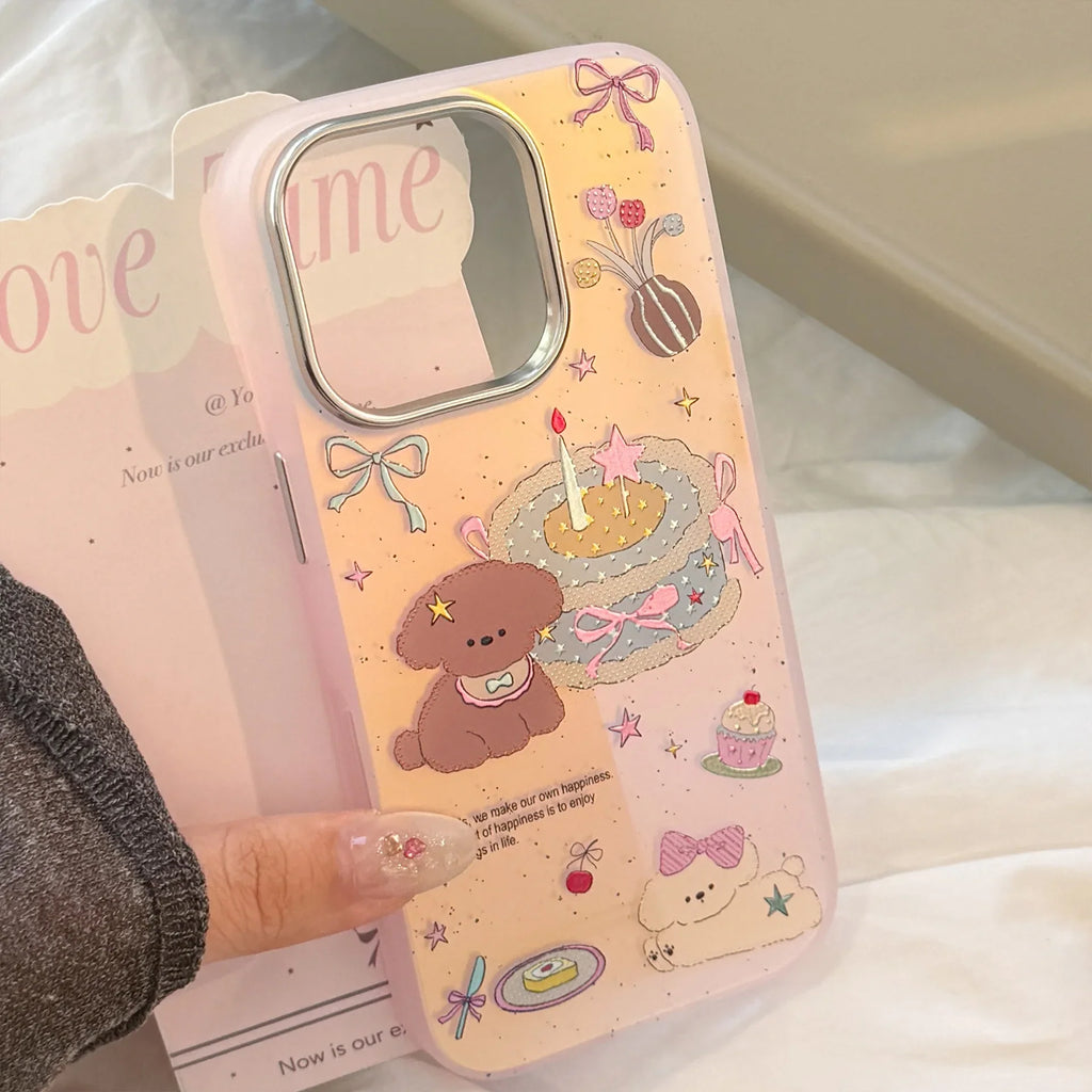 Korean Gilding Laser Cute Cartoon Dessert Cake Puppy Phone Case For iPhone