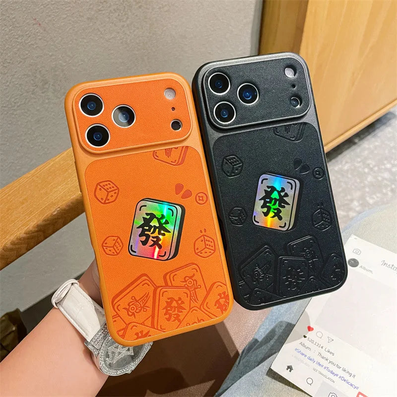 Luxury Cartoon Mahjong Get Rich Laser Leather Texture Couple Phone Case For iPhone