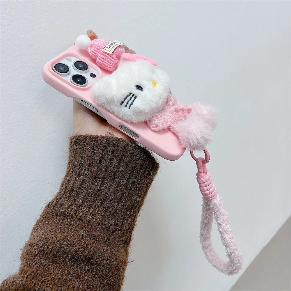 Pink Hello Kitty Fur Fluffy Cute Wrist Strap Phone Case