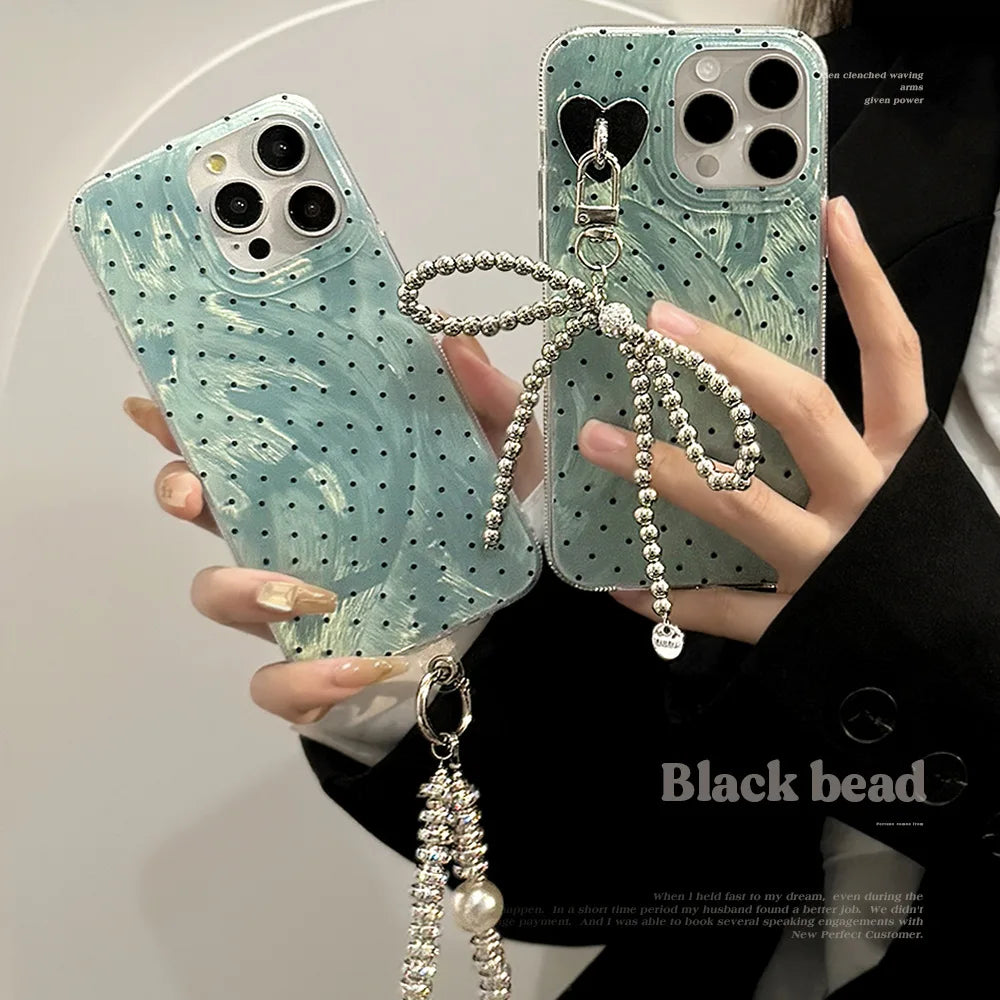 Y2K Green Polka Dot Beaded Bracelet Phone Case For iPhone
