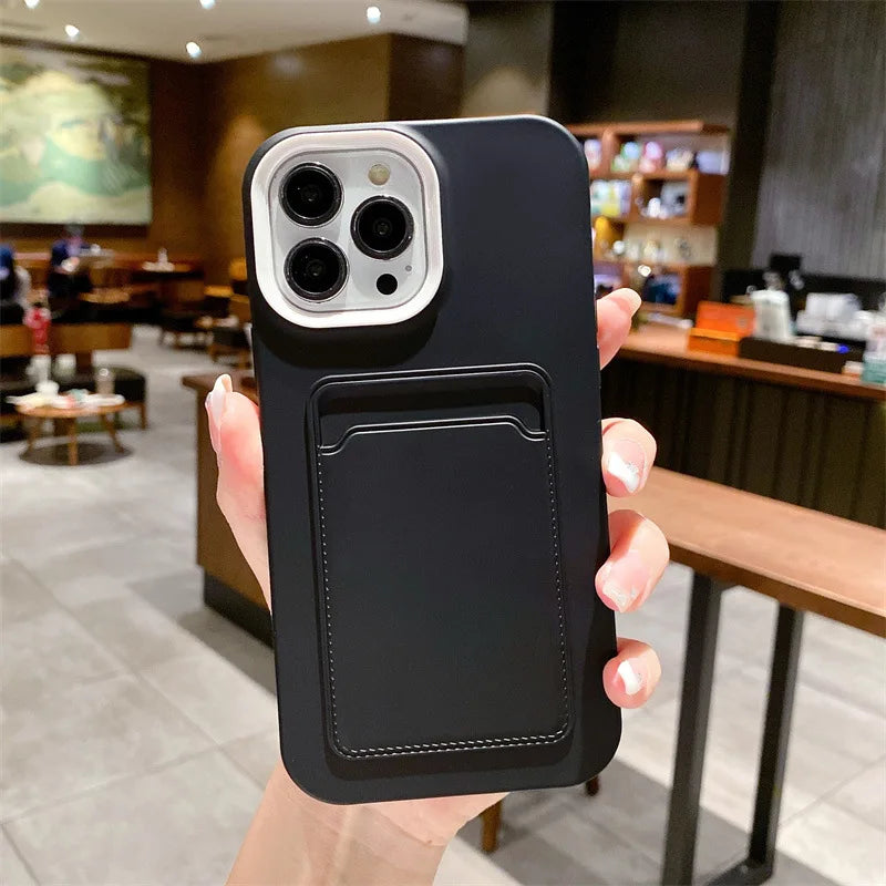 3 in 1 Card Holder Wallet Solid Color Skin Feel Phone Case For iPhone