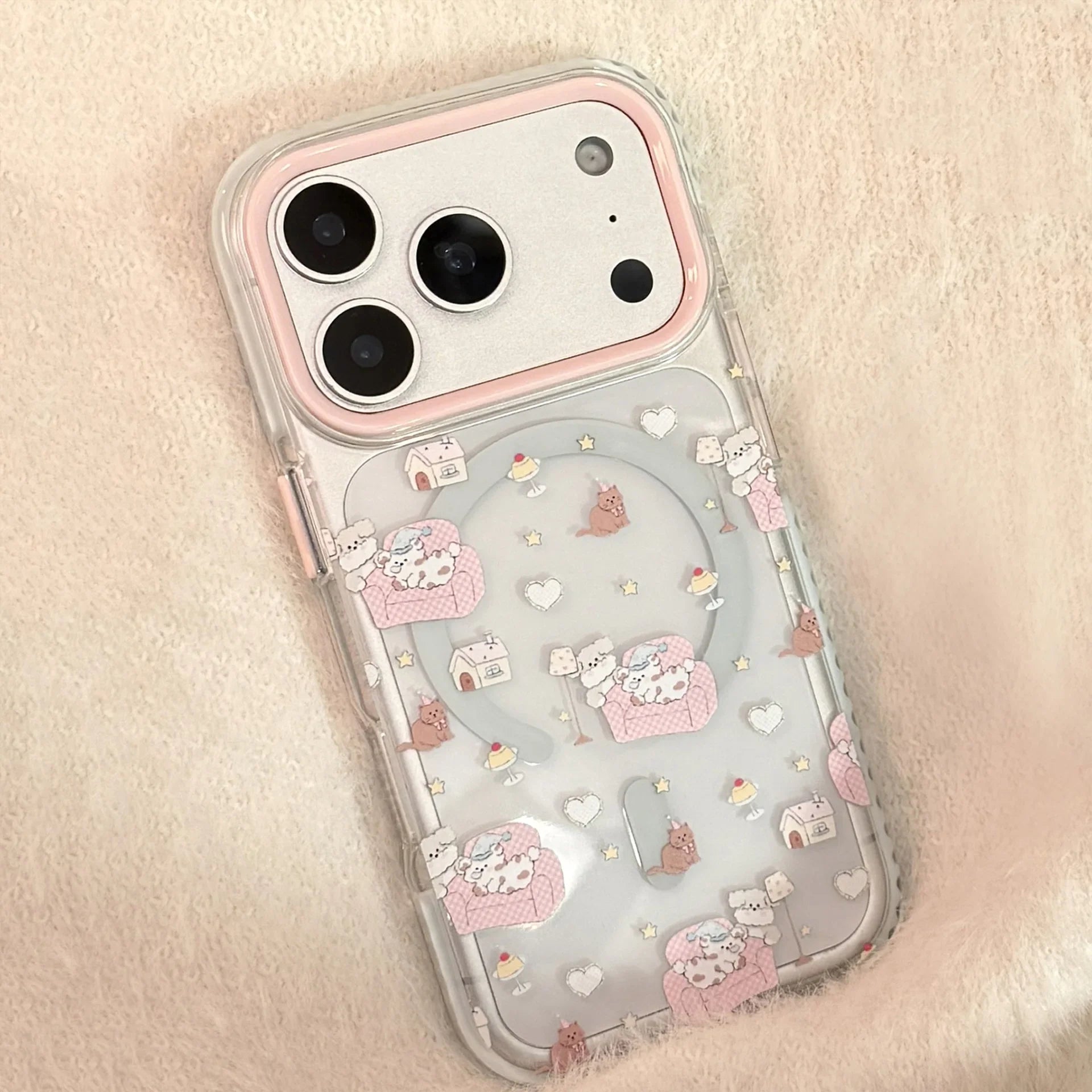 Korean Cartoon Pink Sofa Puppy House Holder Magnetic Phone Case For iPhone
