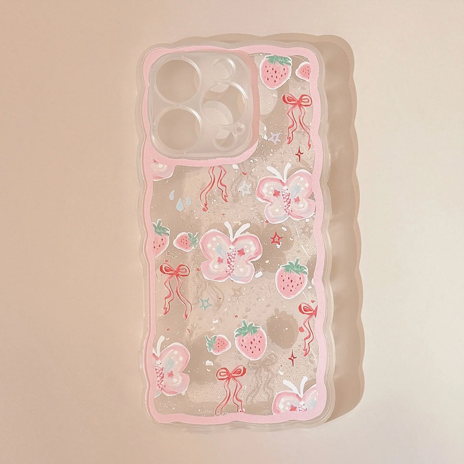 Korean Strawberry Butterfly Graffiti Wavy Phone Case For iPhone