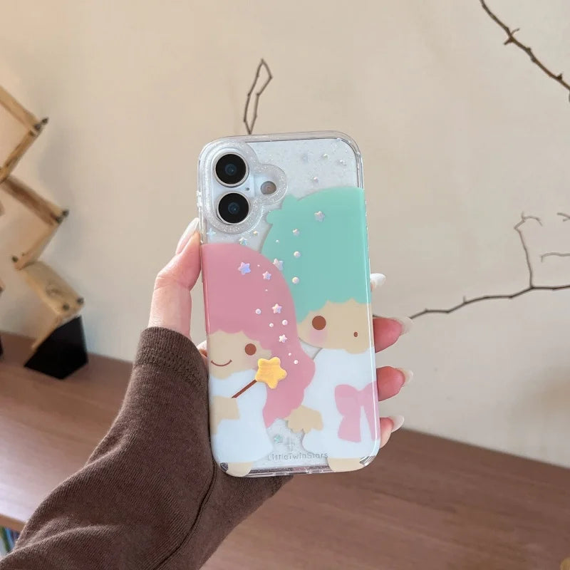 Kawaii Cute Couple Cartoon Star Gemini  Sparkling Phone Case For iPhone