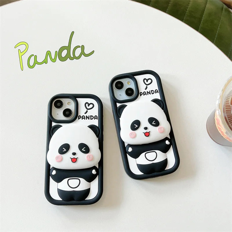ins Cute Cartoon Panda Flip Mirror Bracket Soft Silicone Phone Case For iPhone
