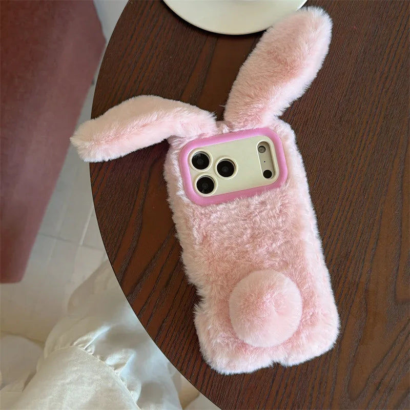 3D Cartoon Solid Colors Rabbit Furry Plush Phone Case For iPhone