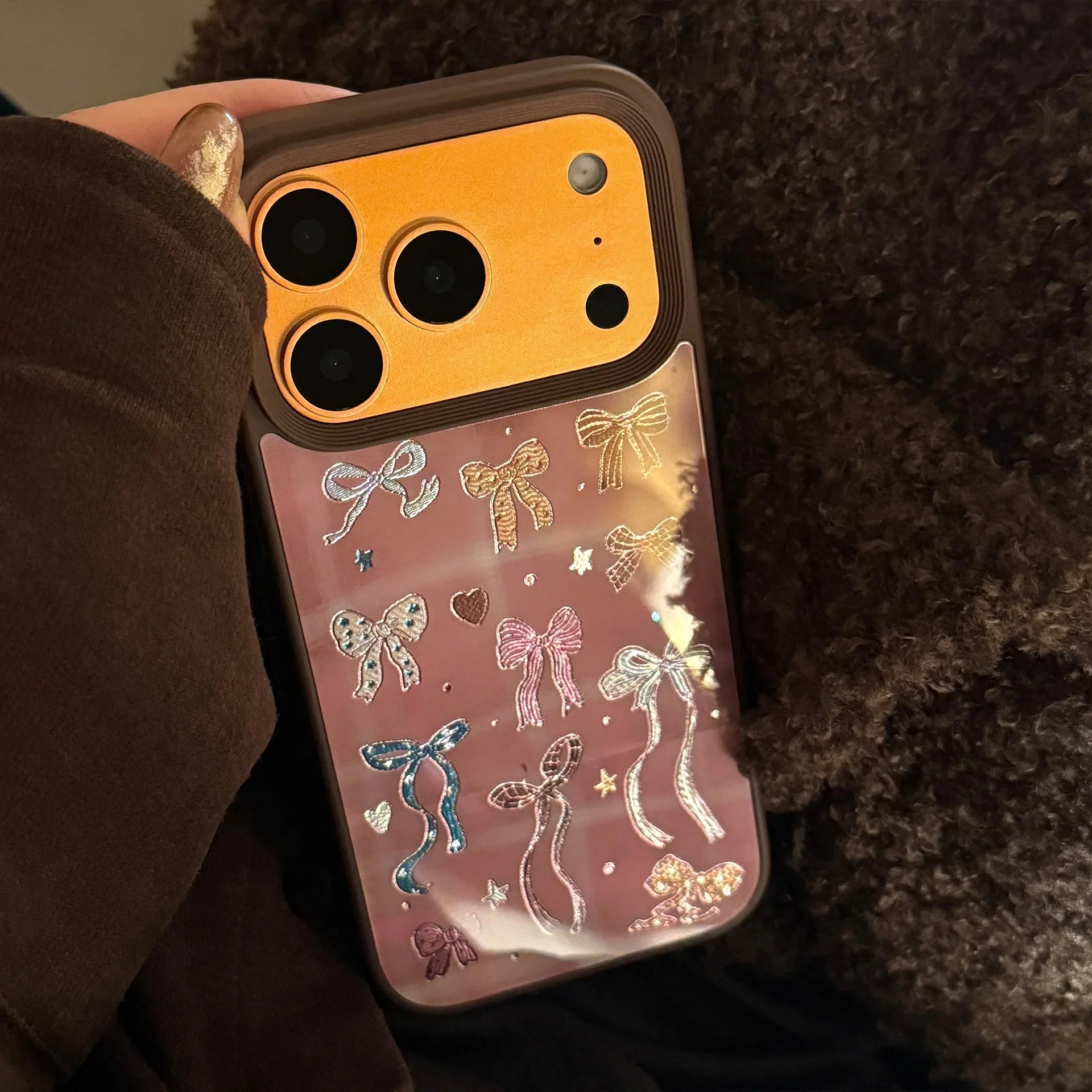 Korean Brown Colorful Bownot Pattern Phone Case For iPhone