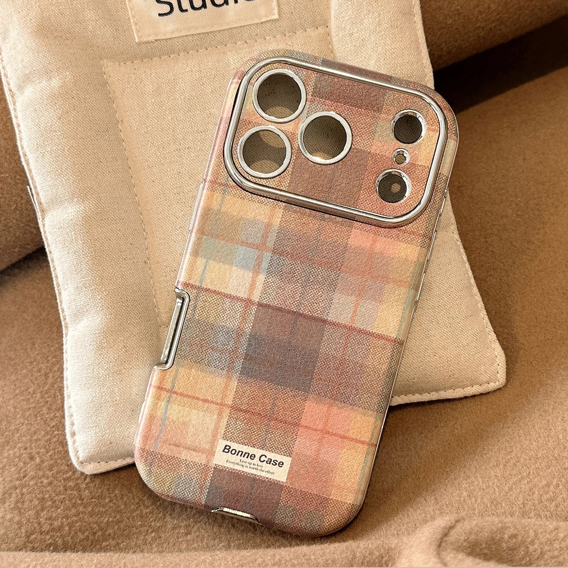 Korean Grid Pattern Cloth Texture Plating Phone Case With Stars Strap For iPhone