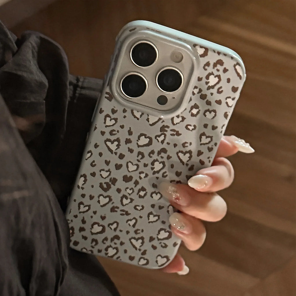Stylish Retro Blue Leopard Print Love Heart Soft Phone Case For iPhone