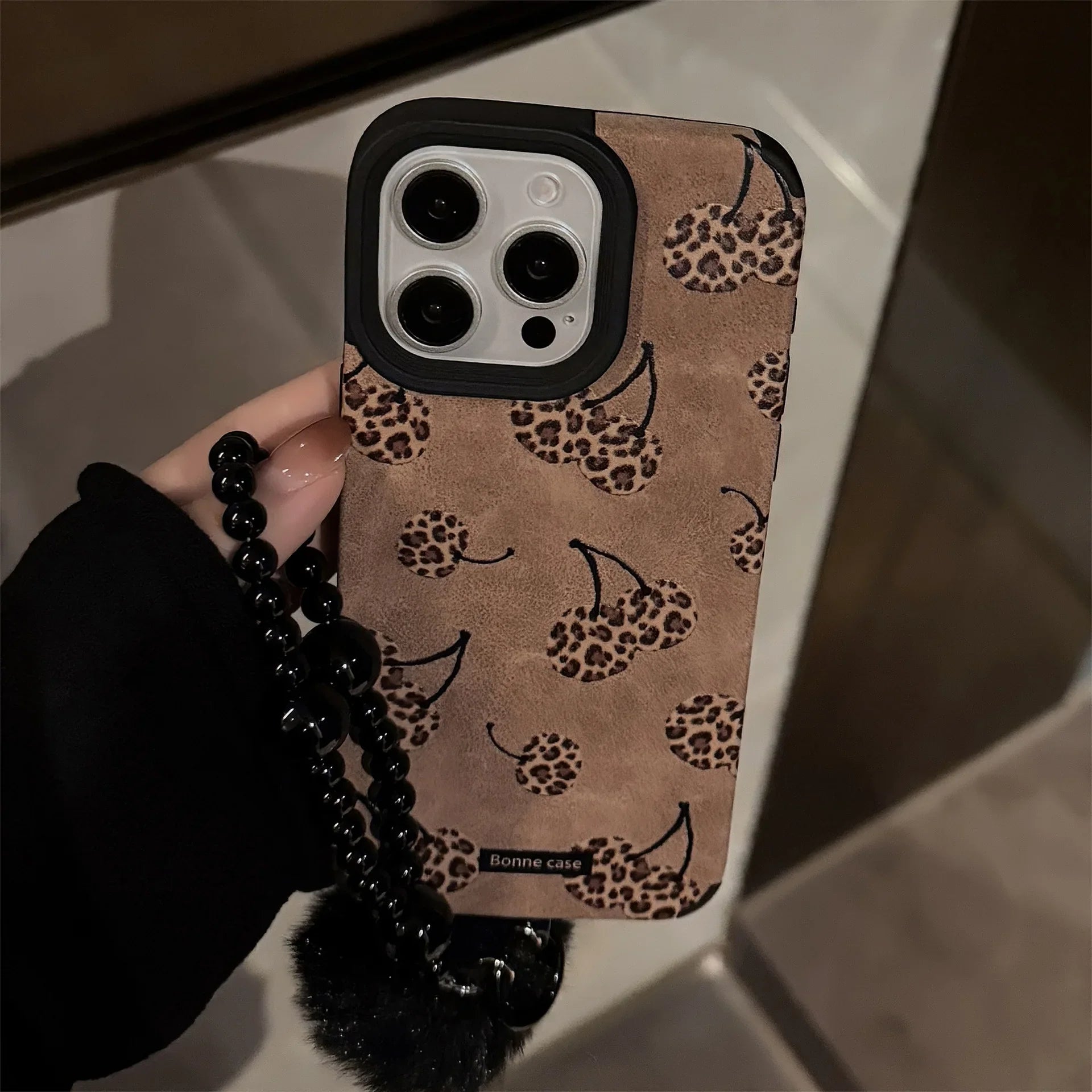 Leopard Print Cherry Suede Leather Phone Case with Beaded Chain For iPhone