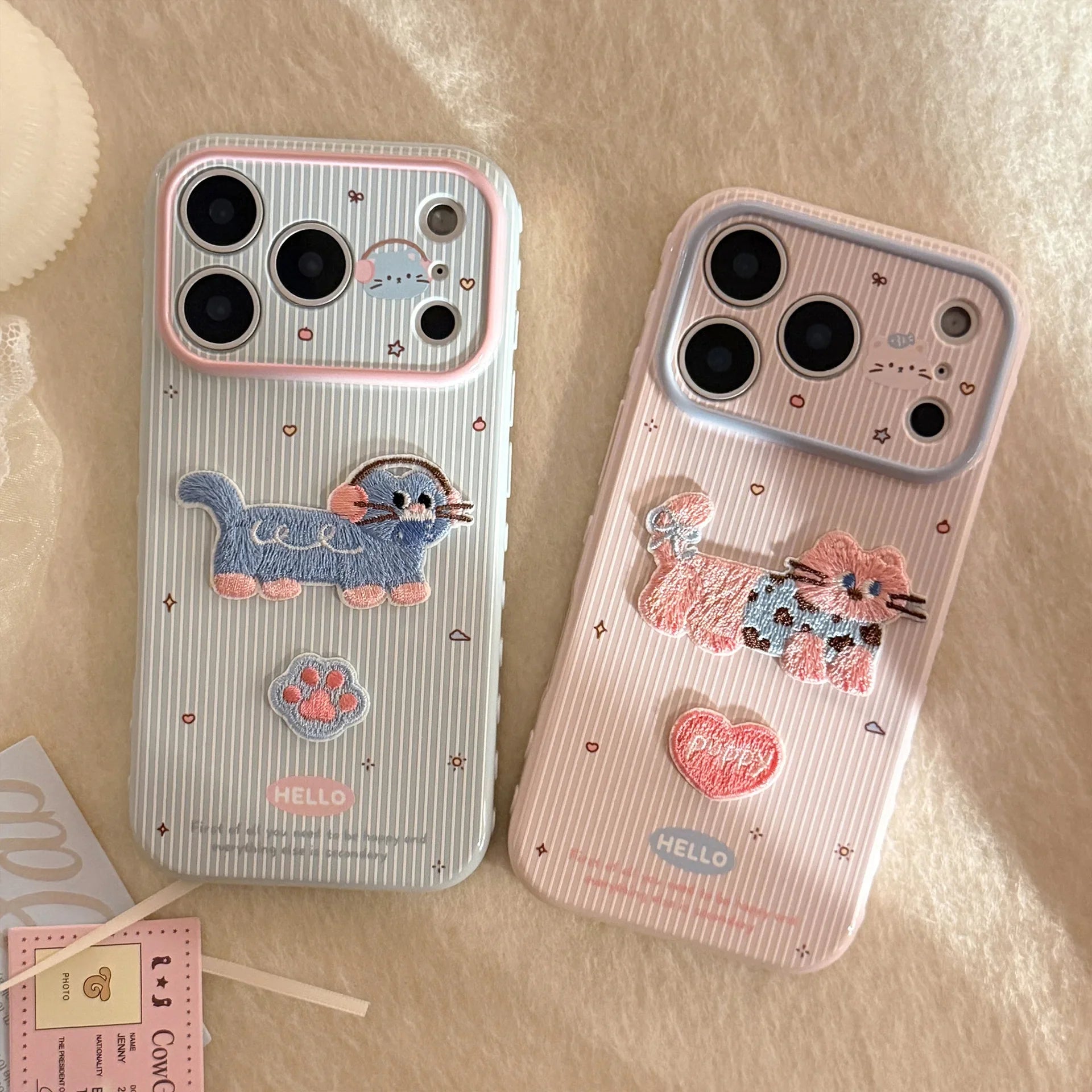 Korean Cartoon Embroidery Kitten Striped Couple Phone Case For iPhone