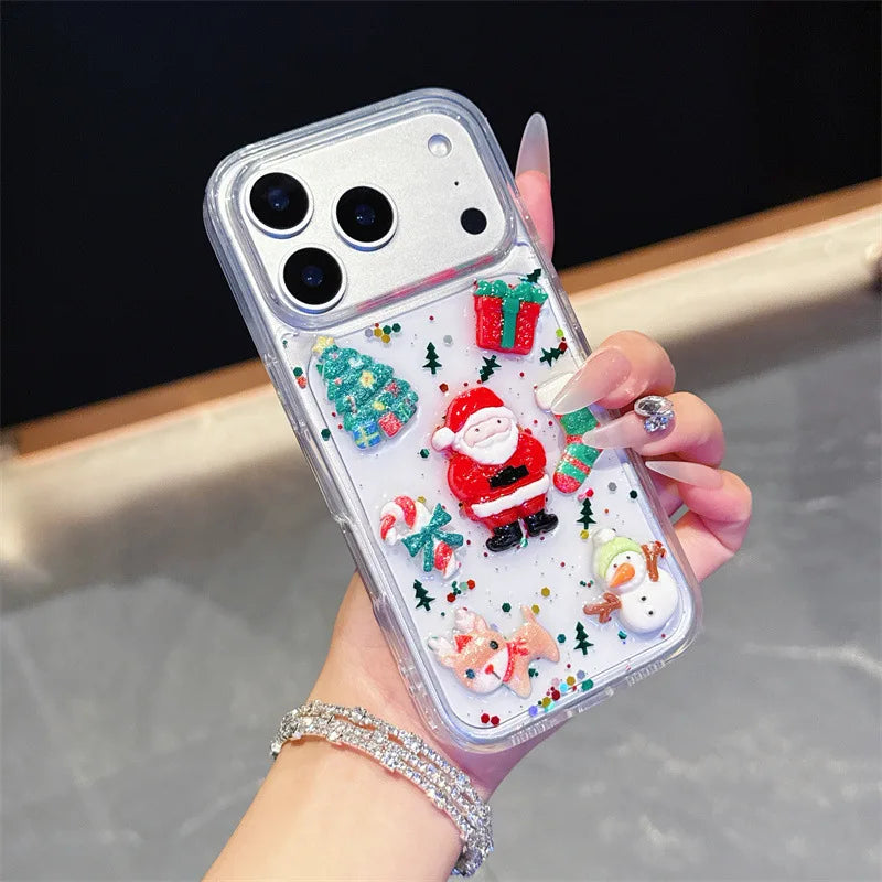 3D Cute Cartoon Christmas Drop Glue Glitter Phone Case For iPhone