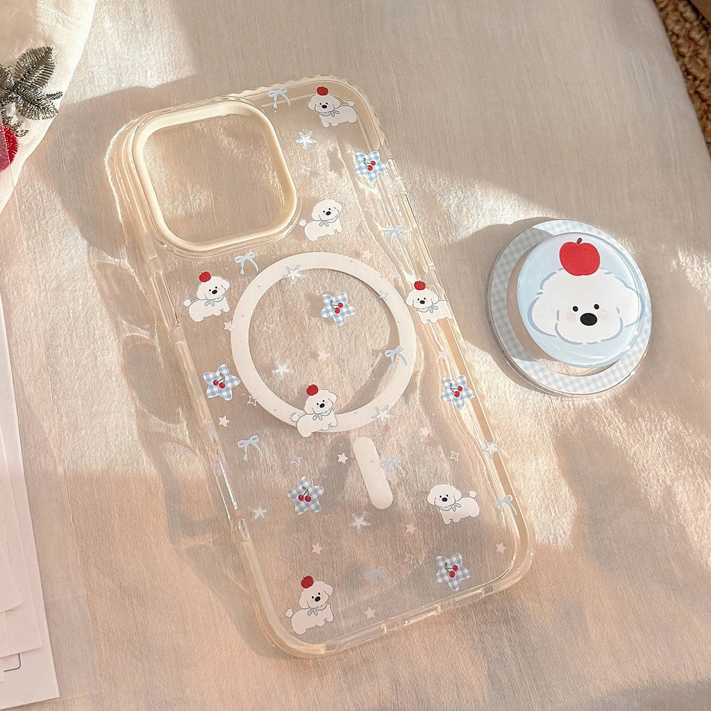 Korean Cute Cartoon Lattice Puppy Bracket Magnetic Phone Case For iPhone