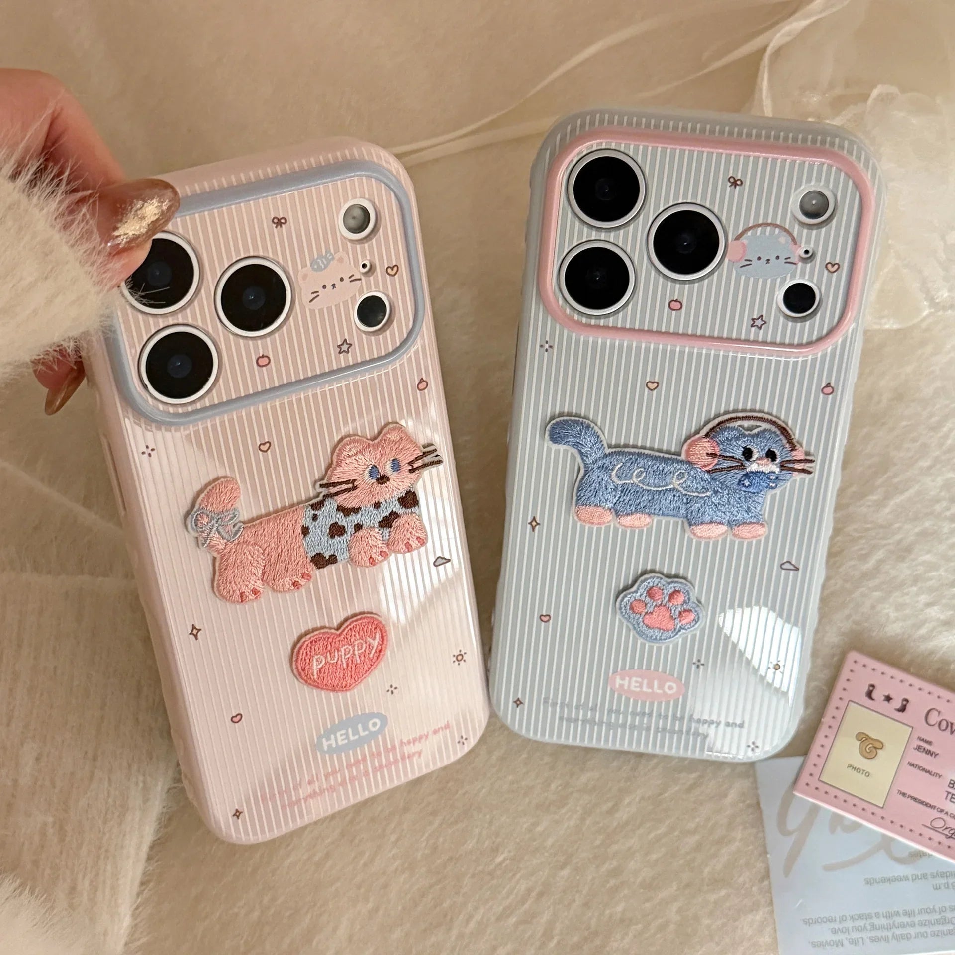 Korean Cartoon Embroidery Kitten Striped Couple Phone Case For iPhone