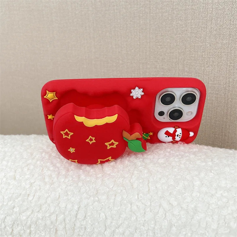Kawaii Cartoon Snowman Christmas Apple Silicone Telescopic Bracket Phone Case For iPhone
