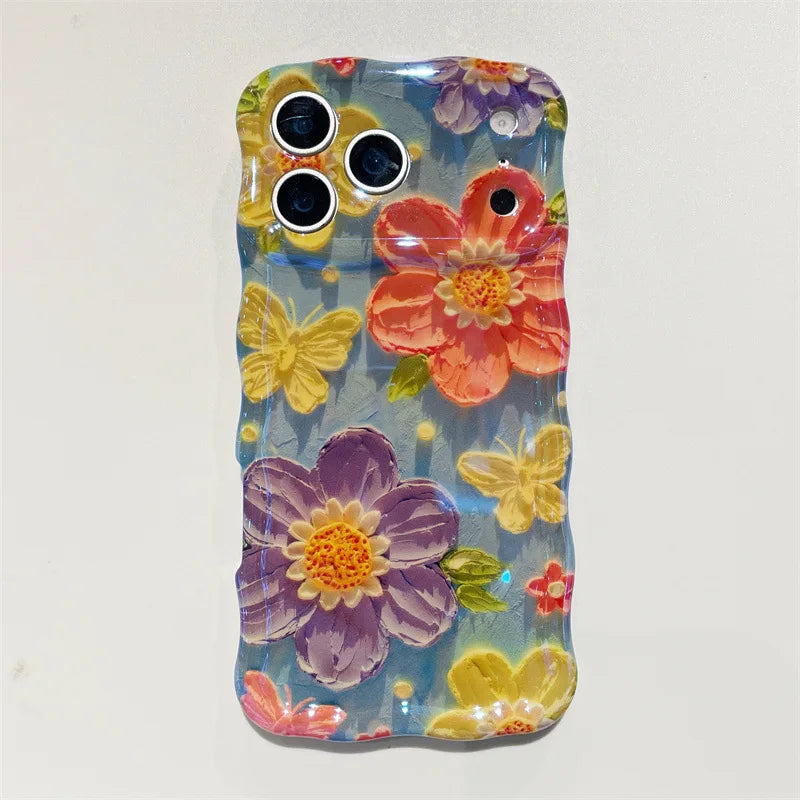 Luxury Blue Light Oil Painting Flowers Wavy Phone Case For iPhone
