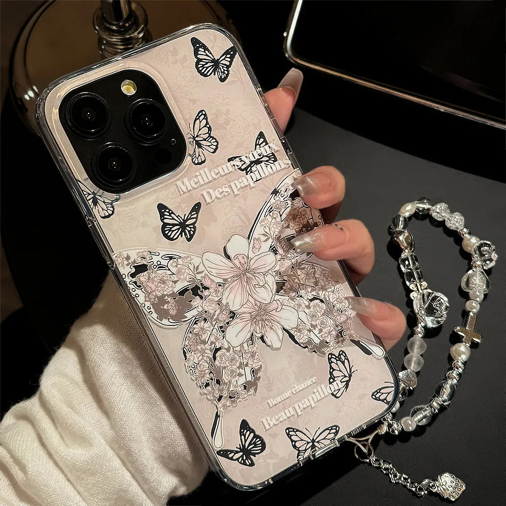 Korean Flowers Butterfly Dual Layer Phone Case With Bracelet Chain For iPhone