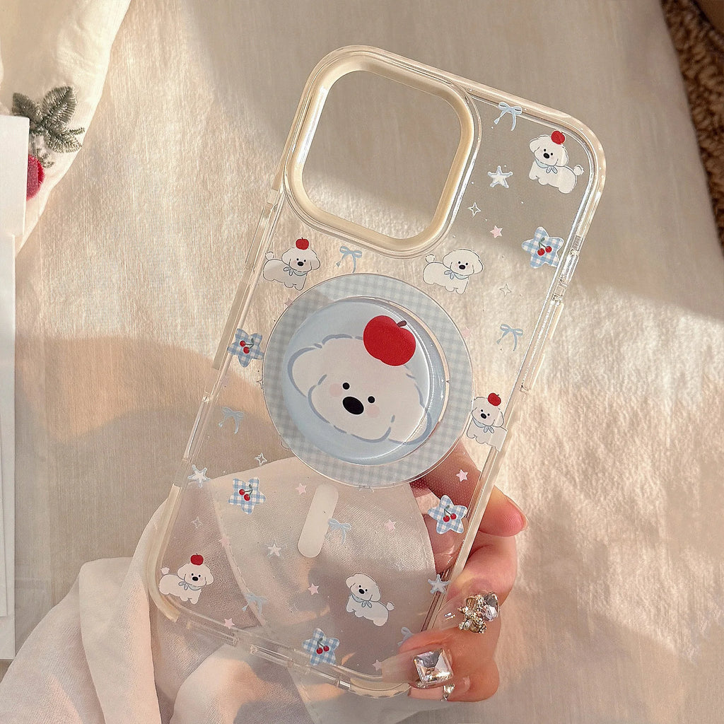Korean Cute Cartoon Lattice Puppy Bracket Magnetic Phone Case For iPhone