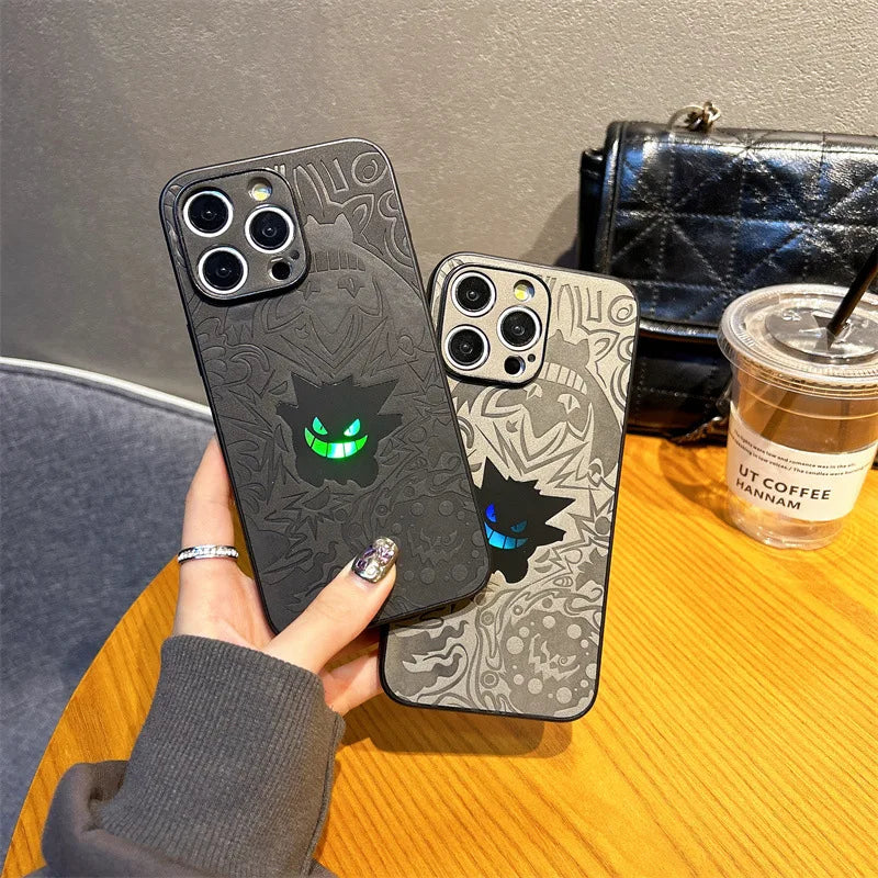 Cute Cartoon Gengar Emboss Leather Texture Laser Phone Case For iPhone