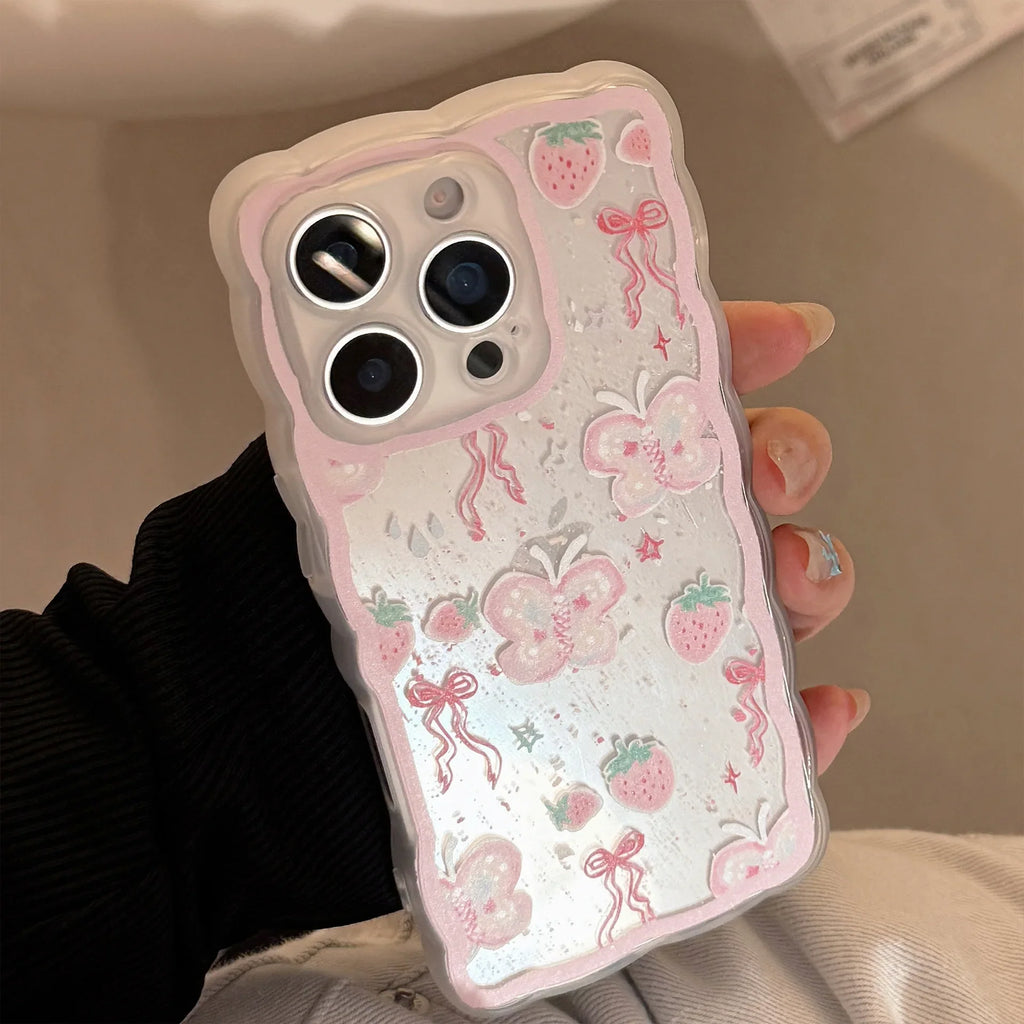 Korean Strawberry Butterfly Graffiti Wavy Phone Case For iPhone
