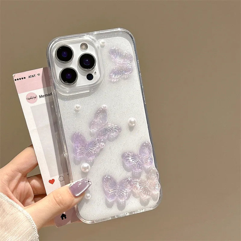 Luxury 3D Butterfly Pearl Drop Glue Glitter Phone Case For iPhone