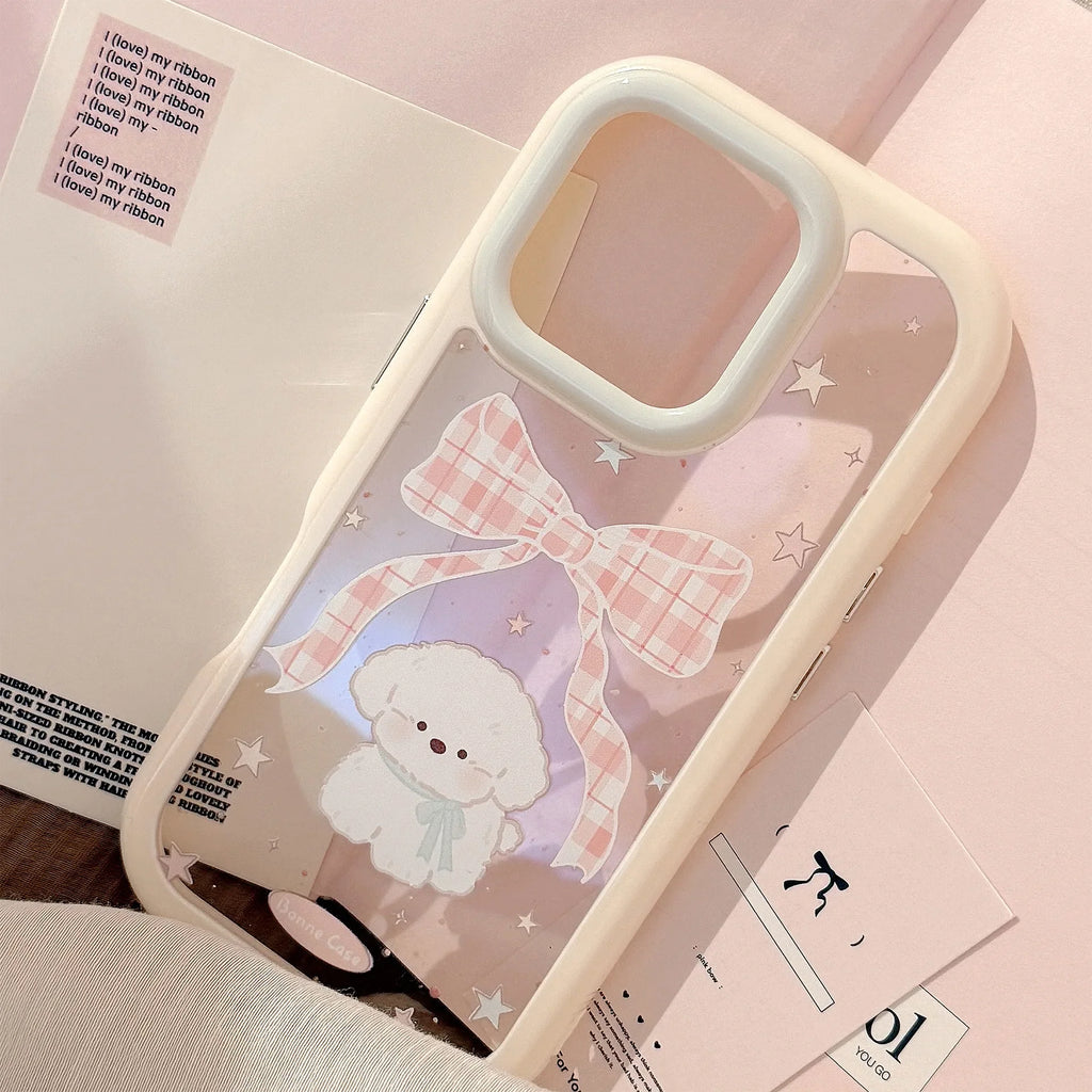 Korean Cartoon Plaid Bowknot Puppy Phone Case For iPhone