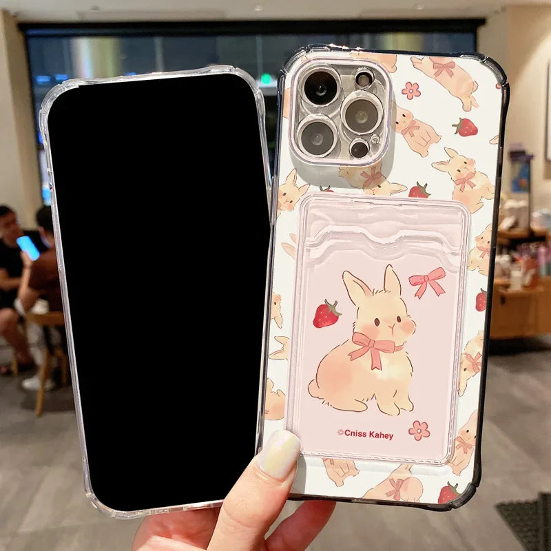 Cute Strawberry Rabbit Card Bag Phone Case