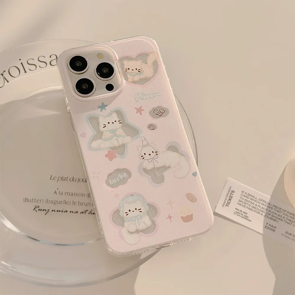 Korean Glitter Cartoon Cute Cats Clear Soft Phone Case For iPhone