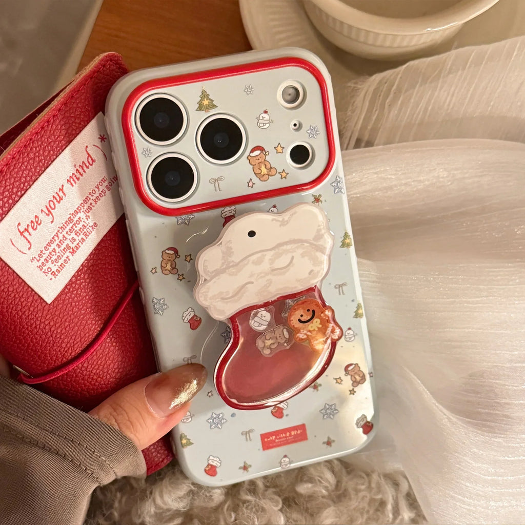 Cute Cartoon Christmas Sock Quicksand Shake Holder Phone Case For iPhone