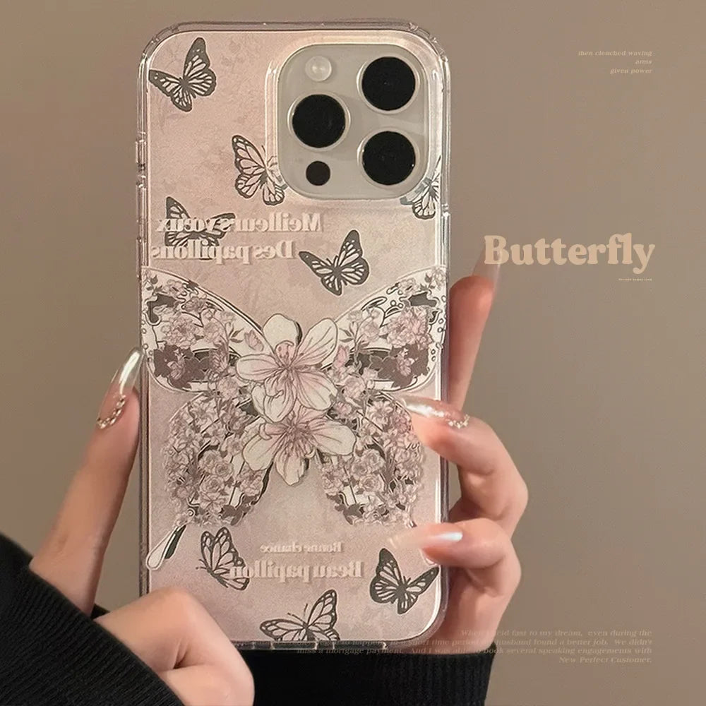 Korean Flowers Butterfly Dual Layer Phone Case With Bracelet Chain For iPhone