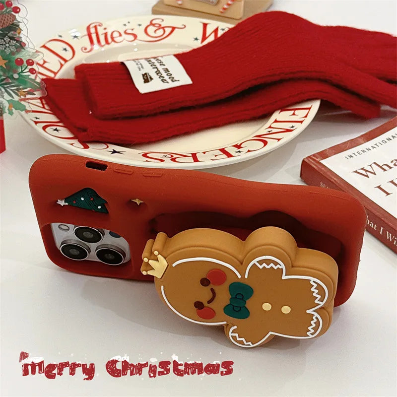 Cute Cartoon Christmas Gingerbread Silicone Telescopic Bracket Phone Case For iPhone