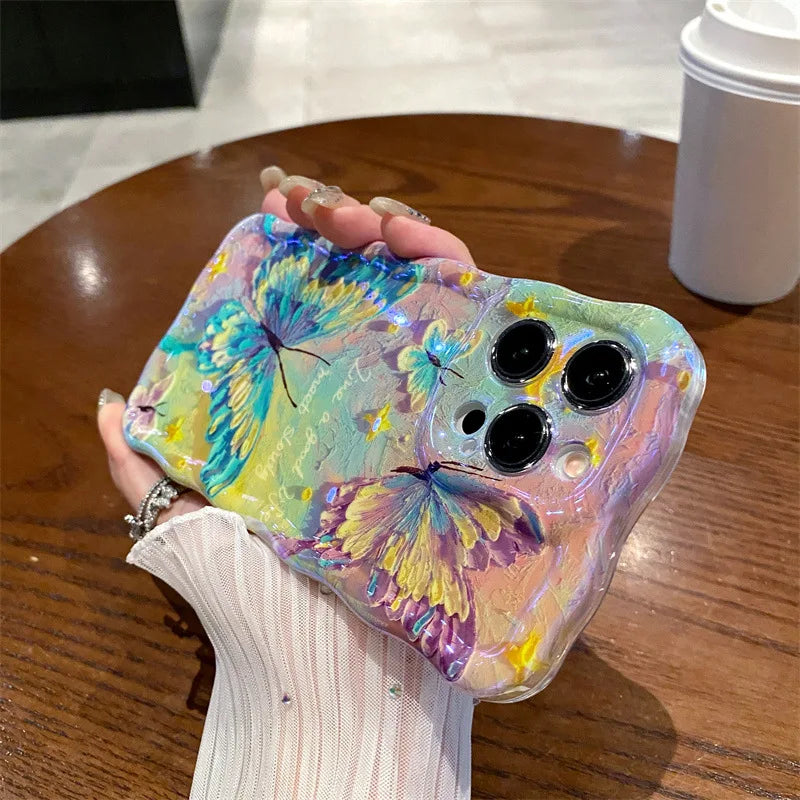 Luxury Retro Oil Painting Butterfly Wavy Border Phone Case For iPhone