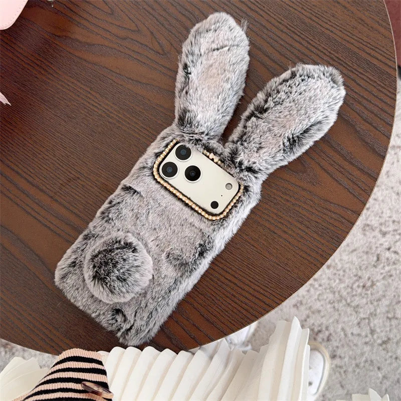 3D Cute Rabbit Ears Warm Furry Plush Bunny Phone Case For iPhone