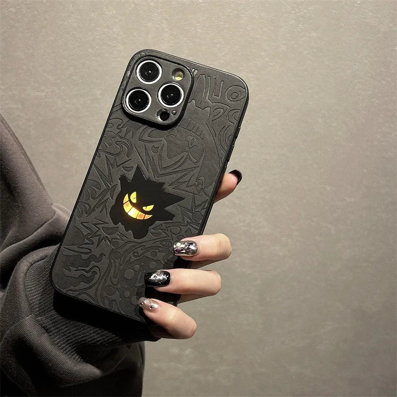 Cute Cartoon Gengar Emboss Leather Texture Laser Phone Case For iPhone