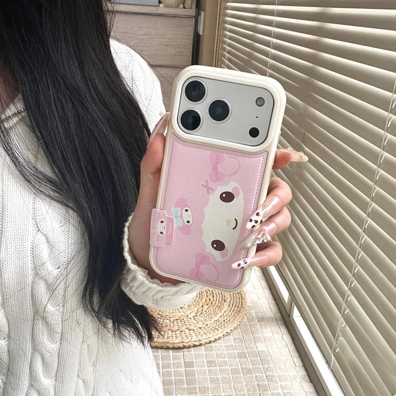 Y2k Cartoon Cute Pink Shy Bow Lamb Leather Phone Case For iPhone