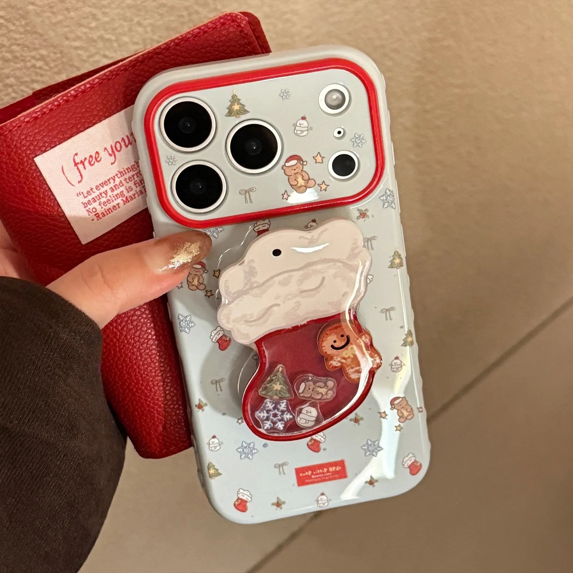 Cute Cartoon Christmas Sock Quicksand Shake Holder Phone Case For iPhone