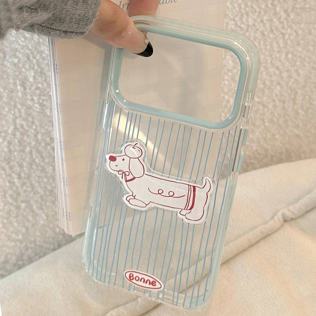 Korean Blue Striped 3D Cute Cartoon Puppy Soft Phone Case For iPhone
