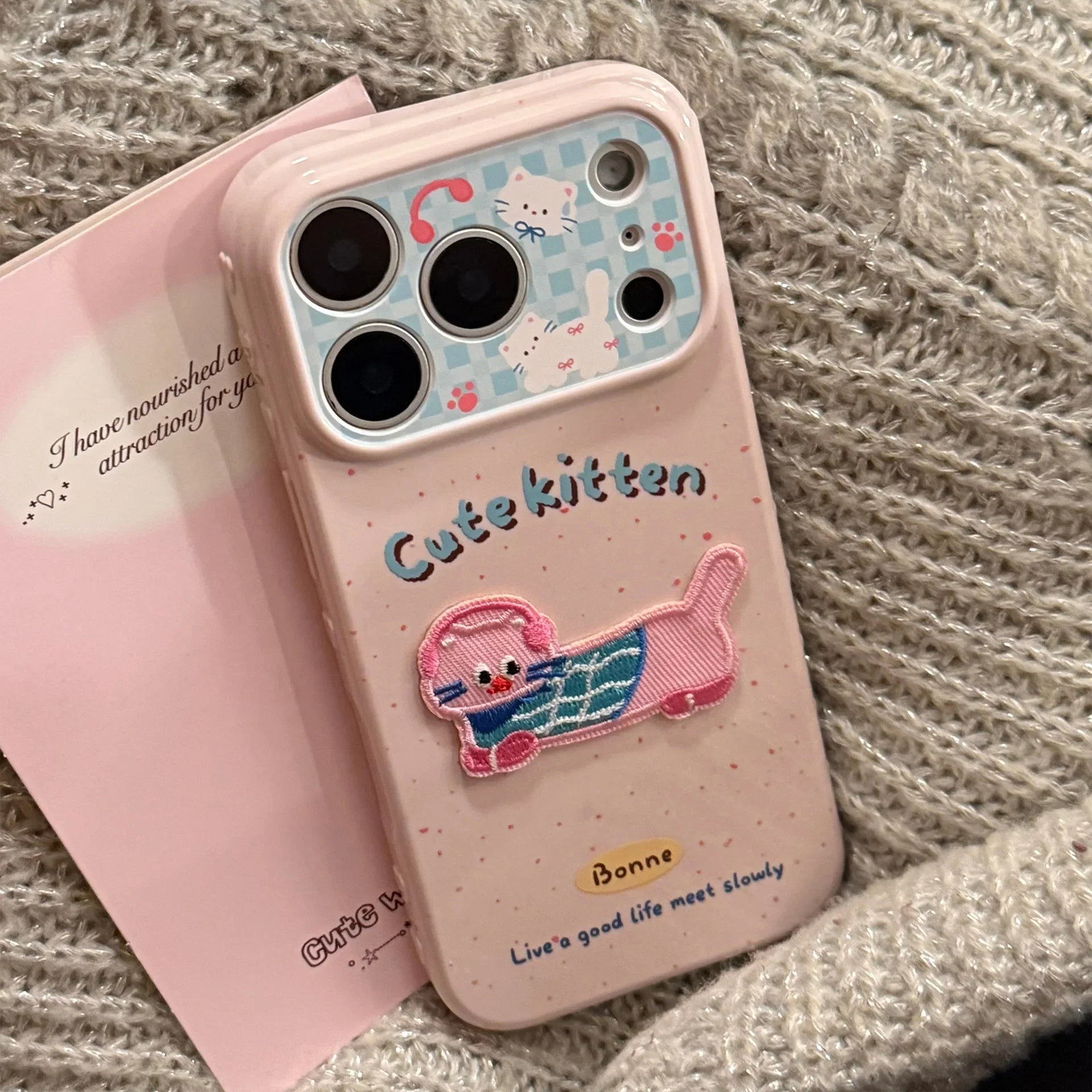 Korean Pink Splashed Ink 3D Cute Cartoon Embroidery Kitten Soft Phone Case For iPhone