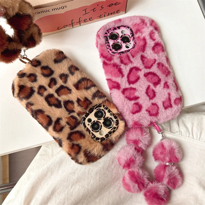 Fashion Leopard Furry Plush Lens Bracket Phone Case For iPhone