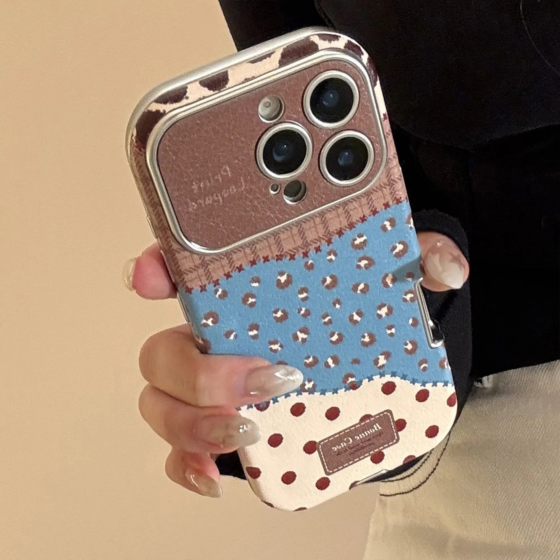 Korean Retro Leopard Print Splicing Leather Texture Phone Case For iPhone