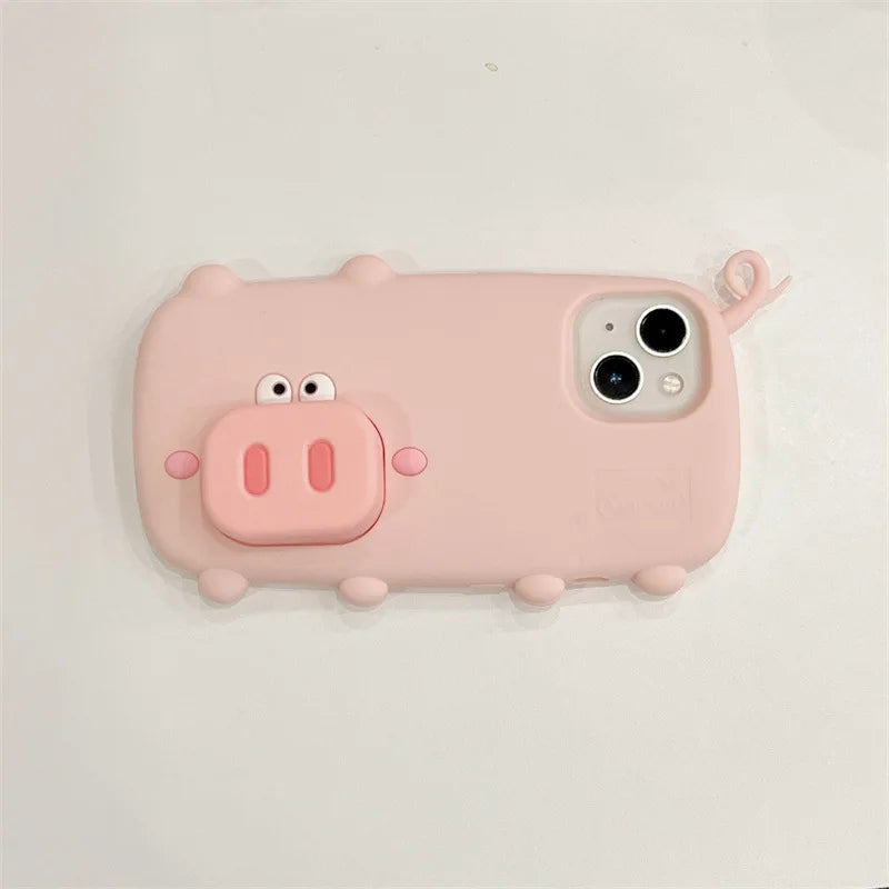 3D Cute Cartoon Pig Nose Telescopic Bracket Silicone Phone Case For iPhone