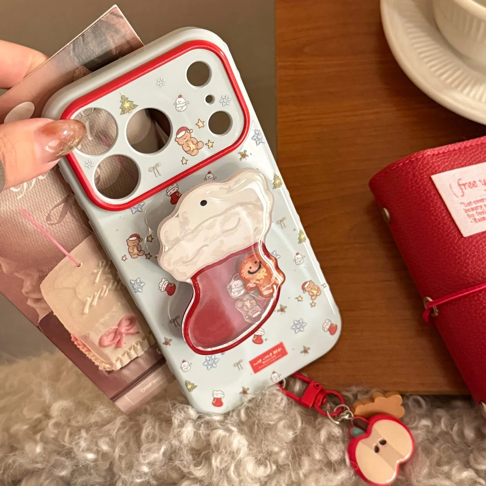 Cute Cartoon Christmas Sock Quicksand Shake Holder Phone Case For iPhone