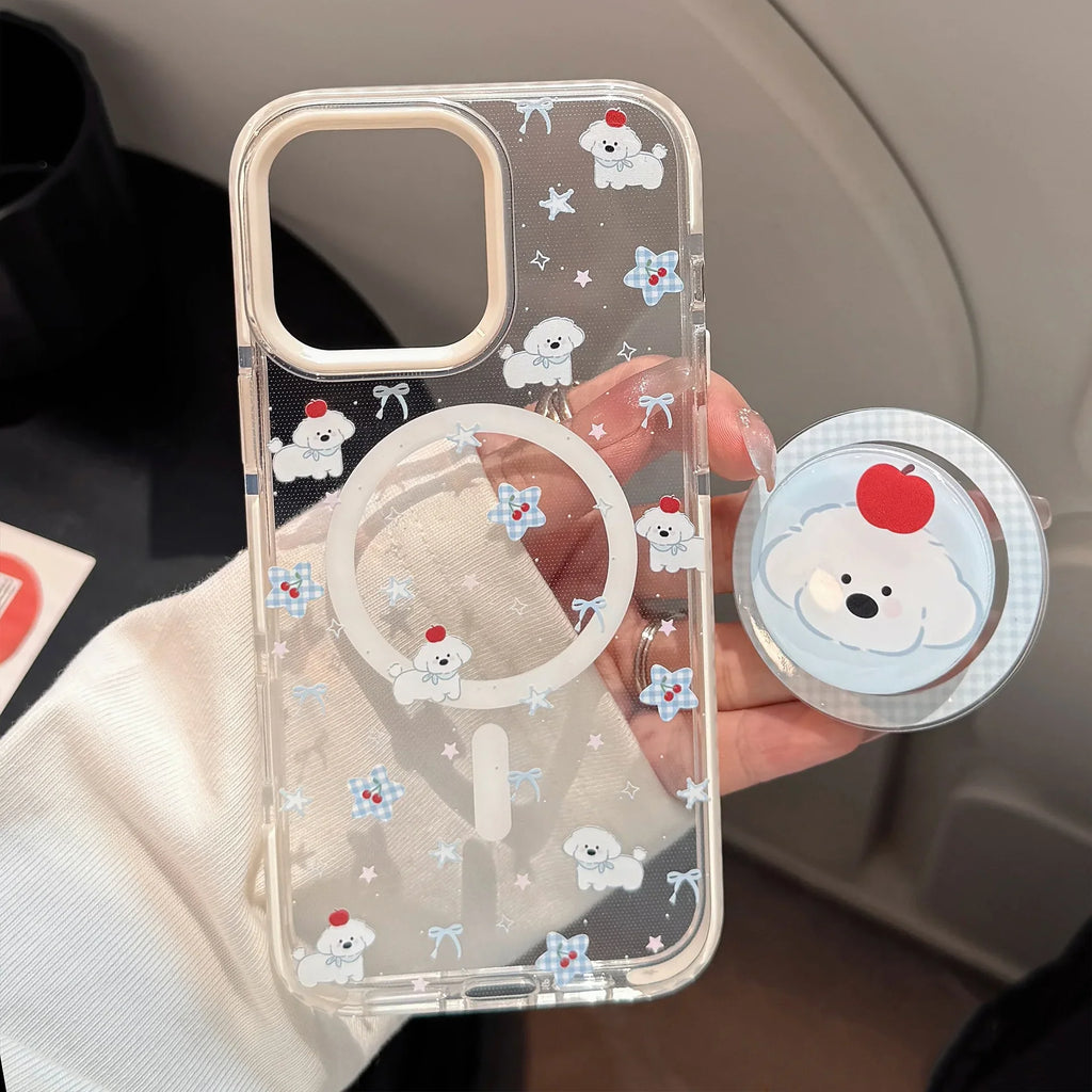 Korean Cute Cartoon Lattice Puppy Bracket Magnetic Phone Case For iPhone