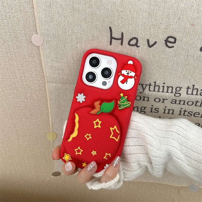 Kawaii Cartoon Snowman Christmas Apple Silicone Telescopic Bracket Phone Case For iPhone