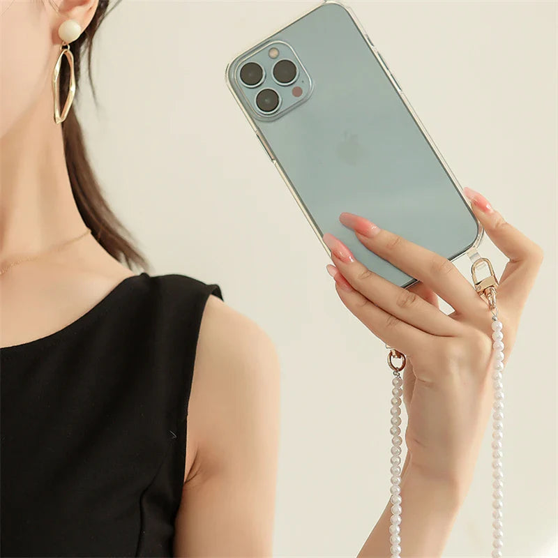 Luxury Crossbody With Lanyard Jewelry Pearl Chain Clear Holder Phone Case For iPhone
