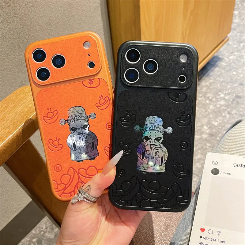 Luxury Cartoon God Of Wealth Laser Leather Texture Phone Case For iPhone