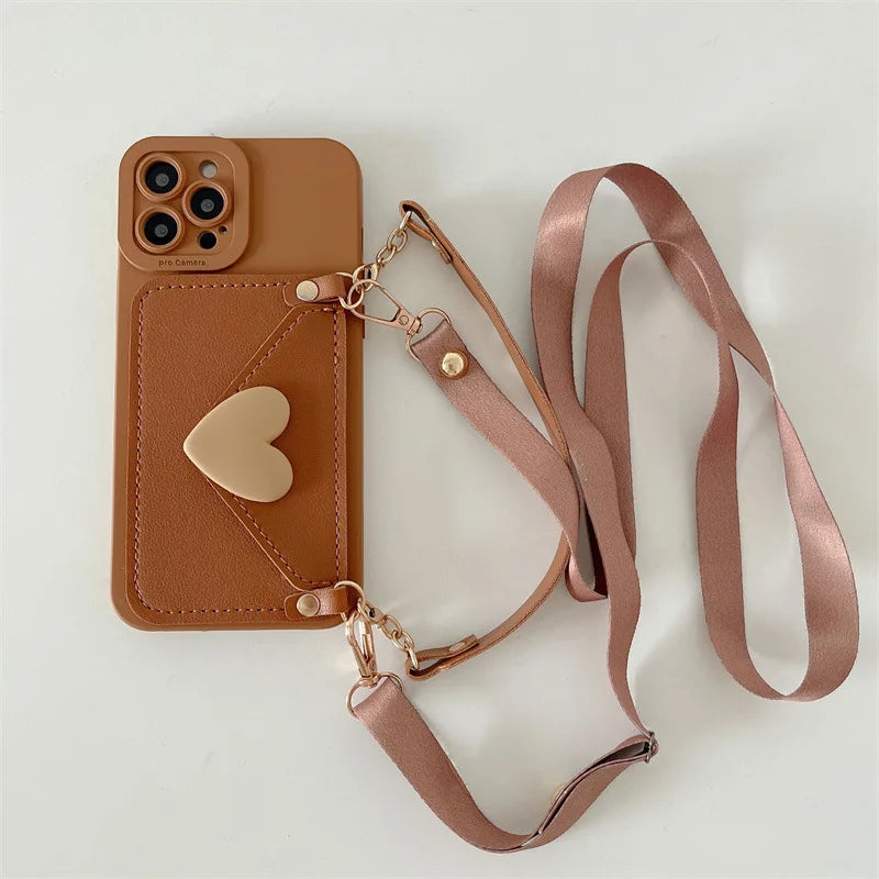 Heart Card Holder Crossbody Lanyard Leather Texture Phone Case For iPhone